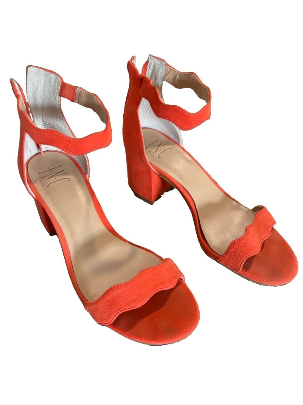 INC Int’l  Concepts Orange Suede 2.5” Block Heel Sandals ZigZag Straps Zip 7M